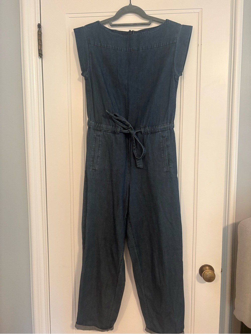 J. Crew Dark Blue Denim-Style Tie-Waist Jumpsuit